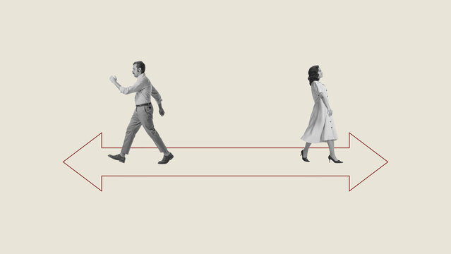 Minimal poster of man and woman walking apart on opposite directional arrows. Concept of separation, distance, conflict resolution, relationship boundaries, editorial design.
