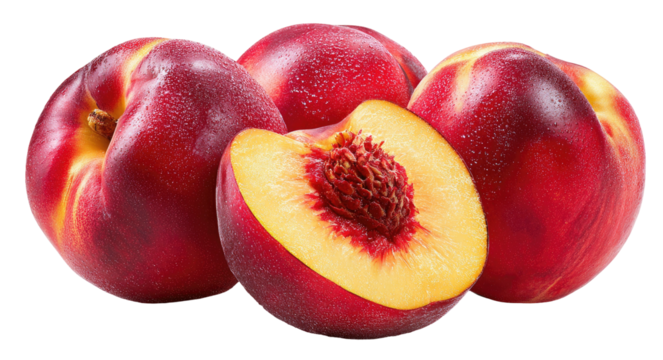 Juicy nectarines, one halved to reveal flesh and pit