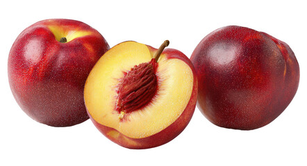 Three nectarines, one sliced revealing pit and flesh