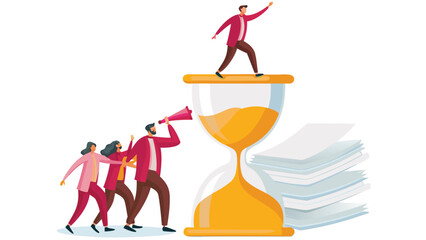 Dynamic illustration of a manager leading and directing a diverse team of members from an elevated viewpoint symbolizing leadership and collaboration in a business setting