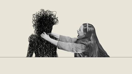 Dramatic artwork of woman confronting chaotic scribble figure with emotional intensity. Concept of...