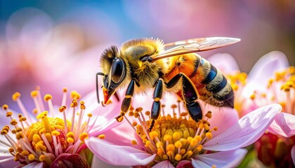 A detailed macro shot captures a bee with its legs and proboscis actively engaged in gathering nectar from the center of a delicate pink flower.