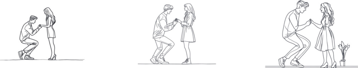 In a continuous single-line illustration, a marriage proposal is shown, highlighting the love and commitment of the couple