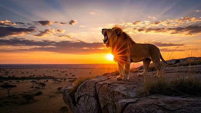 Majestic male lion standing on a cliff at sunrise, roaring across the vast african savannah landscape in footage
