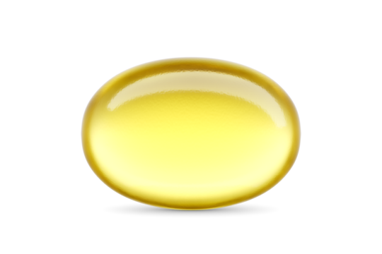 One oval yellow softgel capsule containing omega 3 oil isolated. 3D rendering illustration. Transparent PNG image.