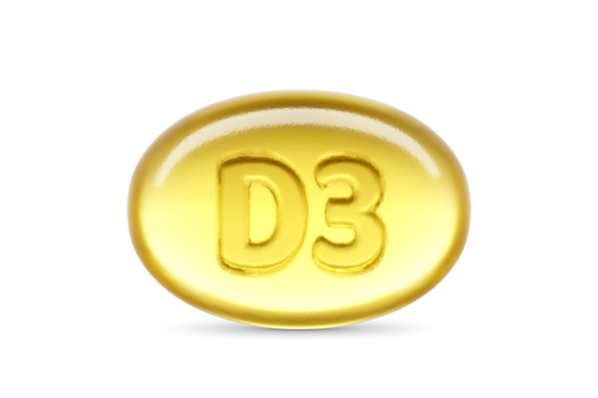 One oval softgel capsule containing vitamin D3 isolated. 3D rendering illustration. Transparent PNG image.
