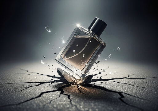 A bottle of men's perfume falls onto the asphalt, causing powerful cracks in the pavement upon impact. 
