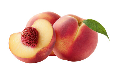 Juicy ripe peaches, one halved showing fuzzy skin and seed