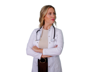 Female doctor profile with stethoscope and white coat, standing confidently with crossed arms on transparent background
