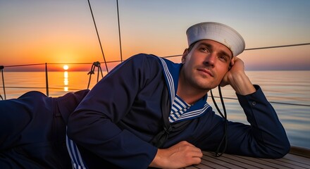 A young man dressed as a sailor relaxing on a boat during sunset with calm waters and a clear sky in the background