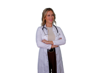Woman doctor wearing a lab coat and stethoscope, smiling confidently with arms crossed, transparent background