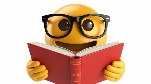 Smiling emoji wearing glasses reading an open red book eagerly