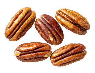 Five whole, textured, brown nuts against a dark background