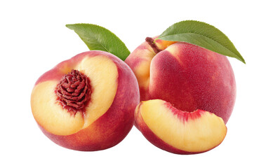 Fresh nectarines with leaves, one sliced revealing pit and flesh