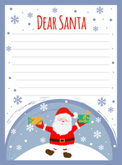 New Year letter to Santa Claus, wish list.  Cute Santa Claus with gifts. Holiday new year decoration template.