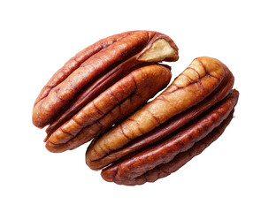 Two whole, unshelled nuts with deep grooves, isolated on black