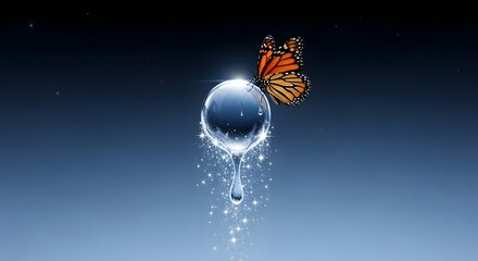 A delicate butterfly perched on a crystal-clear droplet of water with sparkling effects against a dark gradient background, creating a sense of fragility and beauty