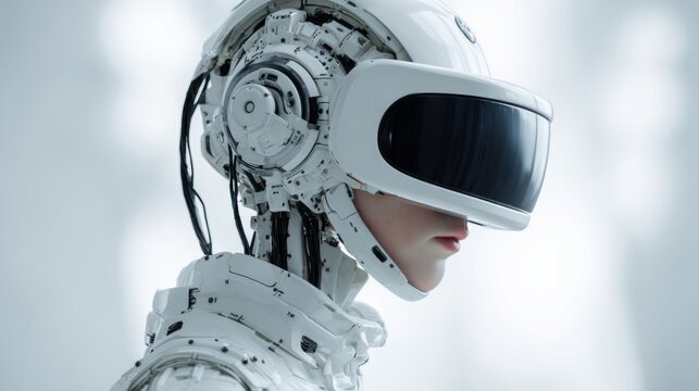 Humanoid robot in virtual reality headset explores a metaverse realm