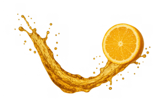 Fresh orange juice splash and flying fruit slice creating a dynamic liquid wave on transparent background