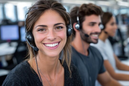 Smiling customer service agent working at a busy call center in a modern office setting