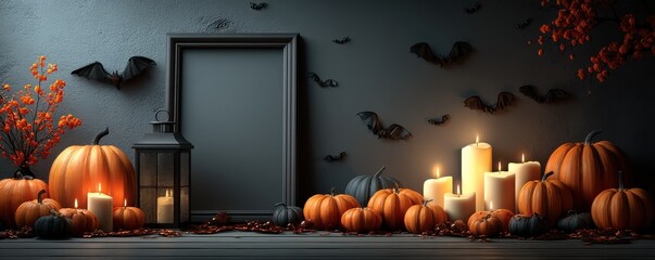 Halloween pumpkins and candles create a moody autumn scene with bats and a dark backdrop