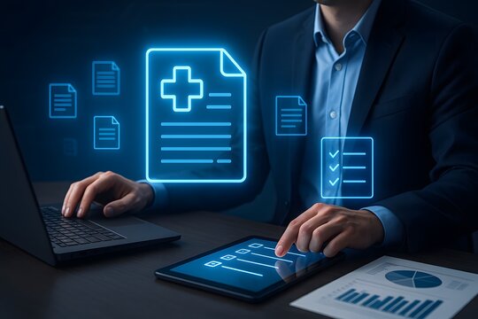 Business professional managing electronic health documents on tablet