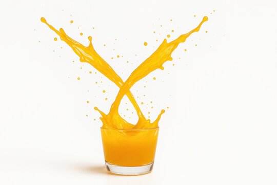 Two intersecting mango juice streams colliding mid air diagonal cross on white background with splash fragments for beverage drink and summer themes