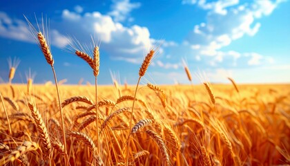 A close-up view of a golden wheat field under a clear blue sky with scattered white clouds, highlighting the texture and color of the ripe grain.