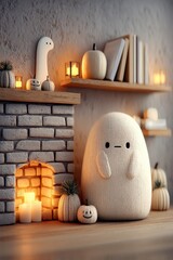 Naklejka premium Cozy minimal living room scene with a cute white figure, pumpkins, candles, and warm fireplace glow