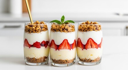 Three individual strawberry and yogurt parfaits layered with granola and fresh fruit, served in clear glasses with a golden spoon and a white background