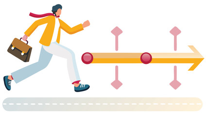 Dynamic illustration of a business person actively running with a briefcase across a visualized timeline symbolizing progress speed and achievement in a professional context