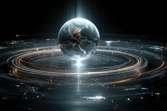 Global hologram of Earth floating in space with glowing light beams and circular rings
