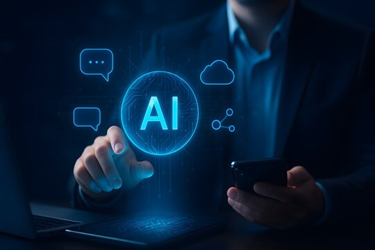 Business professional using artificial intelligence on phone and laptop
