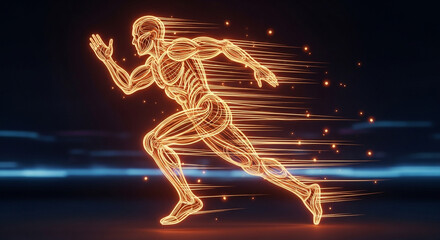 Dynamic glowing human form in full sprint motion, radiating energy and speed with vibrant light trails symbolizing progress and achievement.