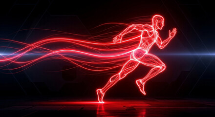 Dynamic red neon human silhouette streaks forward with intense energy, symbolizing speed, power, and athletic achievement in a futuristic setting.
