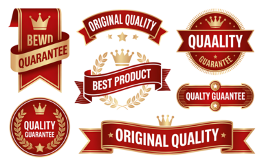 Red and gold guarantee and quality badges and ribbons