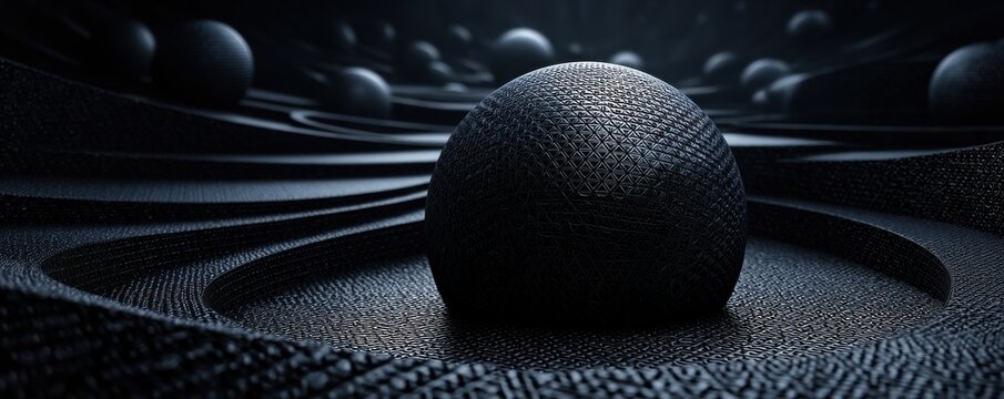 Abstract dark landscape with a geometric black sphere resting in a textured basin