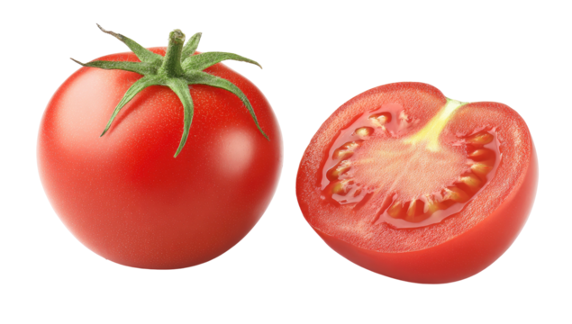 Ripe red tomato whole and halved on black background