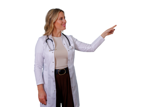 Female doctor pointing presenting medical information or healthcare advice with confident smile, transparent background