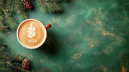 Overhead view of cup of coffee with 2026 latte art, surrounded by pine branches and cones on textured dark green background. Perfect for cozy New Year, Christmas or holiday greeting theme