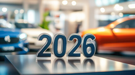 Close-up of chrome dark blue numbers 2026 displayed on glossy surface in blurred car showroom with colorful cars in background. Ideal for automotive, business or finance themes