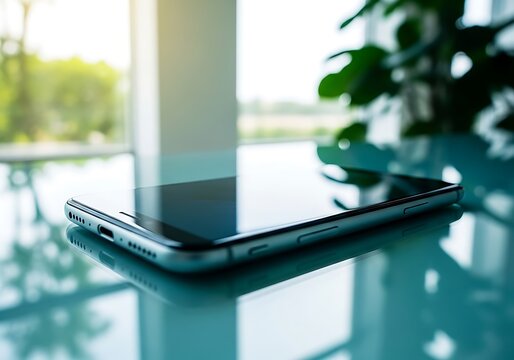 Sleek smartphone resting on a reflective glass surface with soft natural light