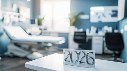 Numbers 2026 displayed on white surface in brightly lit blurred medical examination room or doctor's office. Excellent for healthcare, medical, planning or corporate themes related to the year 2026
