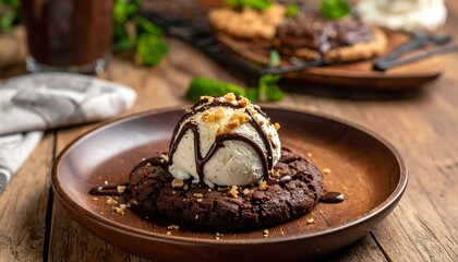 Chocolate cookie topped with ice cream & nuts on a wooden plate, other desserts in background