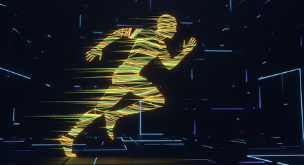 Dynamic runner shape with vibrant light streaks embodies speed, progress, and digital innovation in a futuristic abstract environment.