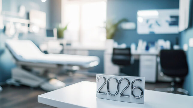 Numbers 2026 displayed on white surface in brightly lit blurred medical examination room or doctor's office. Excellent for healthcare, medical, planning or corporate themes related to the year 2026