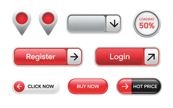 Red and silver web interface buttons and icons register