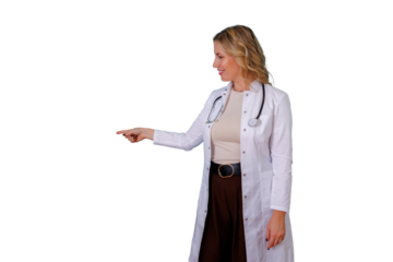 Female doctor pointing left, presenting information, offering medical advice, and showing directions in healthcare