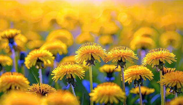 A field of bright yellow dandelions in full bloom, bathed in warm sunlight, with a soft, blurred background.