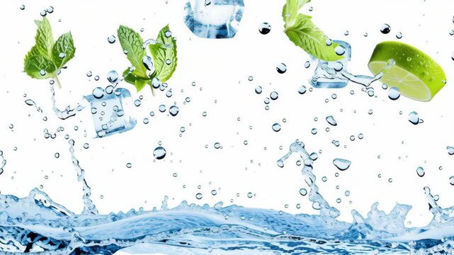 Refreshing Splash: A vibrant composition showcasing the dynamism of ice cubes, mint leaves, a lime slice, and water, captured in mid-air, creating a refreshing and visually appealing scene.